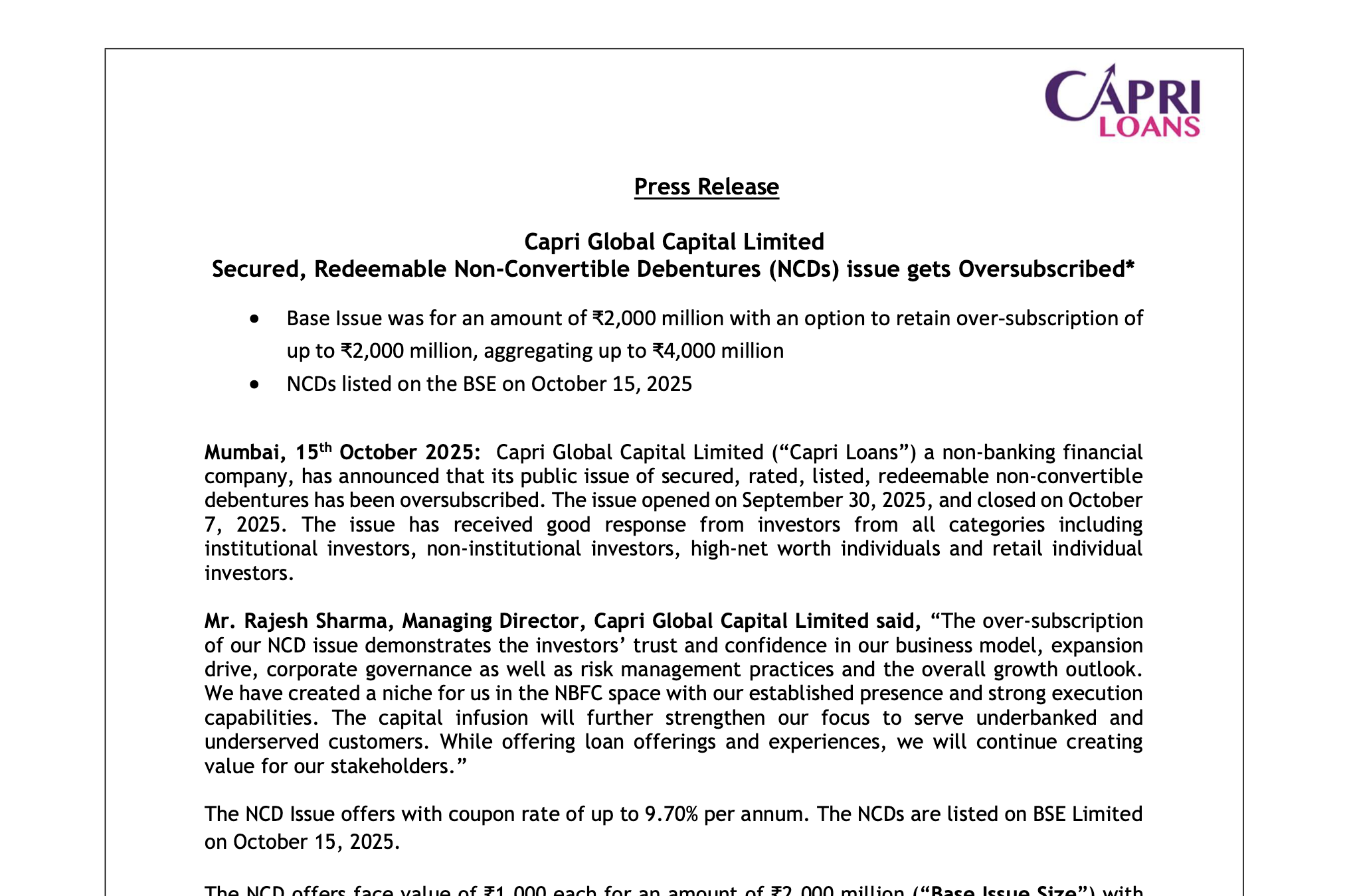 Capri Global Capital Limited Secured, Redeemable Non-Convertible Debentures (NCDs) issue gets Oversubscribed